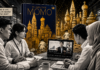 Analisis – Pencuri Waktu di Dalam Ponsel Kita: Belajar dari Kisah “Momo” di Dunia yang Terlalu Cepat Ilustrasi pop-art cinematic bergaya hitam-putih menampilkan empat profesional muda berdiskusi di ruang meeting modern sambil melihat laptop, dengan cover buku MOMO karya Michael Ende tampil utuh berwarna biru tua dan emas di latar, berpadu dengan kota fantasi penuh menara jam.